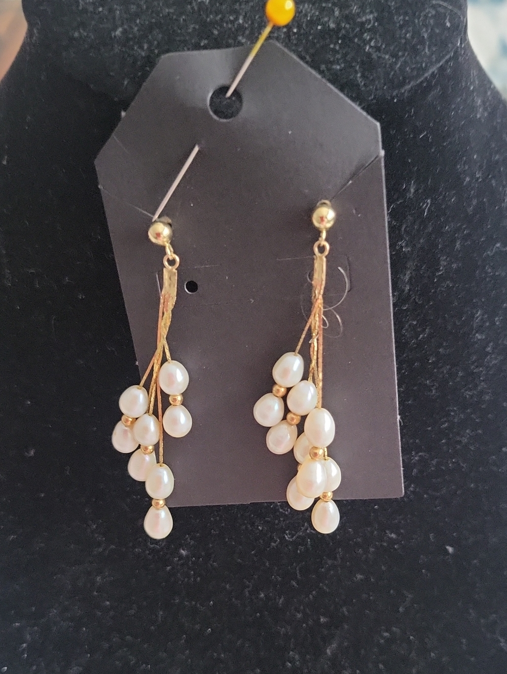 White Pealrl Cluster Drop Earrings Gold Strands Pierced